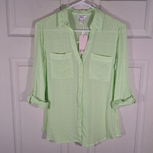 Candies Button Up Shirt Womens Size XS Green Roll Tab Textured Sheer NWT $38.00